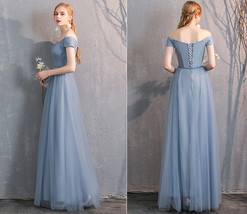 Dusty Blue Bridesmaid Dress Off Shoulder Sweetheart Tulle Empire Dress image 12