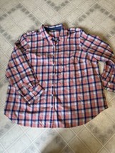 Talbots Plus Peach blue Check Button Front Long Sleeve Blouse 2X Spread Collar - $27.86