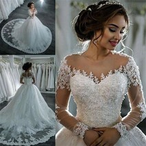 Elegant A-Line Tulle Appliques Beaded Wedding Dress with Court Train - £179.84 GBP