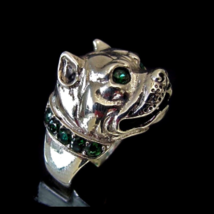 Stunning Sterling silver Animal ring Pit Bull Dog with Emerald Green CZ Eyes and - £99.10 GBP