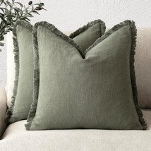 Decorative Linen Fringe Throw Pillows Boho Farmhouse 24x24&quot; Olive Green x2 NEW - $46.39