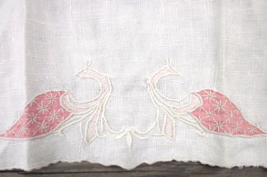 Embroidered Peacock Bird Linen Napkin Art Deco Antique Hand Coral Pink Ivory - £9.86 GBP