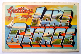 Greetings From Lake George New York Large Big Letter Postcard Linen Curt Teich - £9.00 GBP