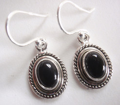 Medium Small Black Onyx 925 Sterling Silver Earrings Oval Rope Style Accents - £11.53 GBP