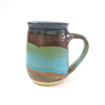 Hand Thrown Stoneware Pottery Mug Blue Green Brown Signed Coffee Cup - £19.07 GBP