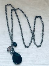 Estate Long Oxidized SIlvertone Chain with Large Black Faceted Glass Teardrop &amp;  - £9.70 GBP