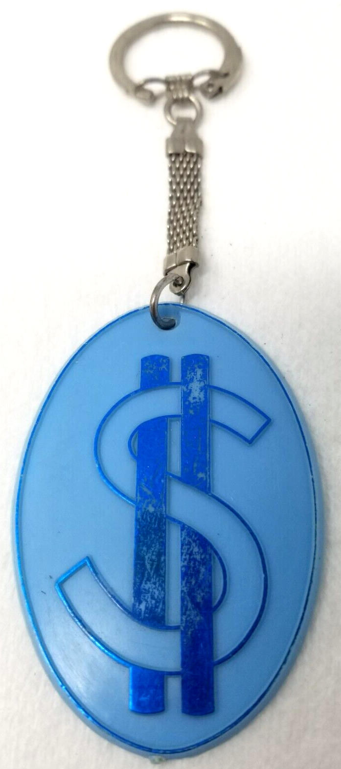 Primary image for Long Cash Dollar Sign Keychain Plastic Oval Blue Chain Metal Vintage