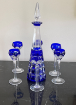 Saint Louis Crystal Cobalt Blue Cut to Clear Decanter &amp; 6 Cordial Liquor Glasses - £466.47 GBP