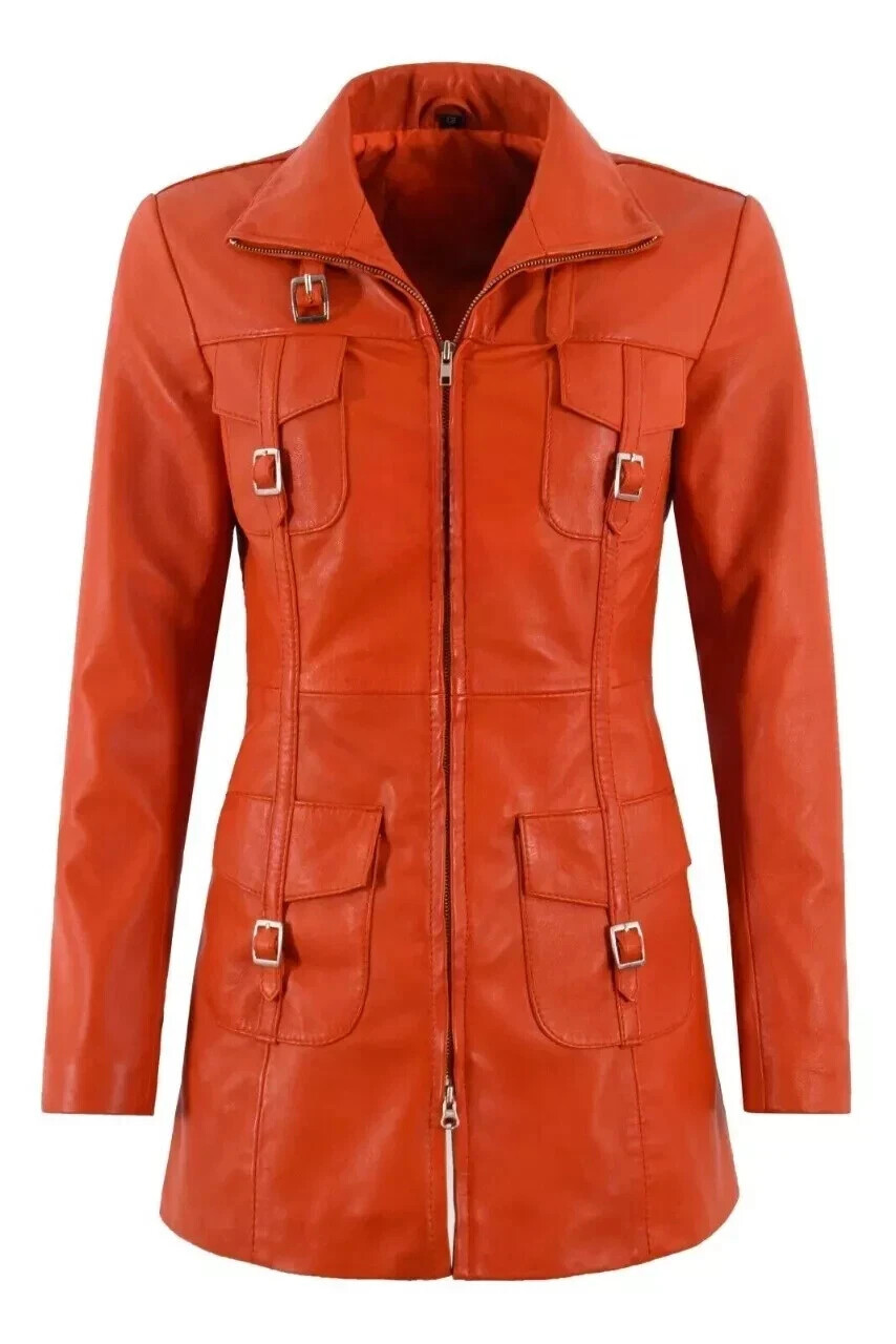 New Women Trench Coat Orange Handmade Leather Lambskin Genuine Stylish C... - £129.76 GBP+