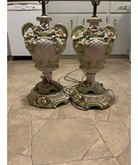 PAIR ANTIQUE CAPODIMONTE PORCELAIN LAMP ITALIAN ROSE FLOWER VICTORIAN MCM - $1,083.21 CAD