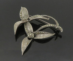 E.B. GERMANY 925 Sterling Silver - Vintage Marcasite Floral Brooch Pin - BP7147 - £65.04 GBP
