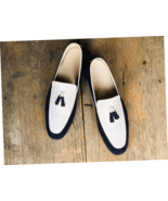 Elegant Blue &amp; White Handmade Tassel Loafers for men, custom dress shoe ... - £115.48 GBP+