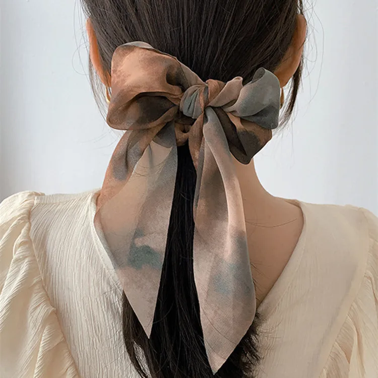 Sporting Korean Hair Ties For Women Ponytail Scarf Printed Satin Elastic Long Ri - £23.62 GBP