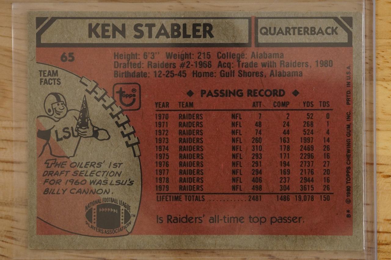Vintage 1980 Topps Football Card #65 Ken Stabler Houston Oilers HOF Item image 2