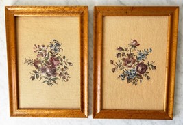 Vintage Floral Needlepoint-Set of 2 Rose Bouquet Needlework in Burl Wood Frames - £113.84 GBP