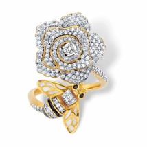 PalmBeach Jewelry Gold-Plated Black and White CZ Flower and Bee Cocktail Ring - £23.63 GBP