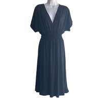Zara Womens Small Black Deep V Ruched Waist Drop Sleeve Stretchy Midi Dress NEW - £25.72 GBP