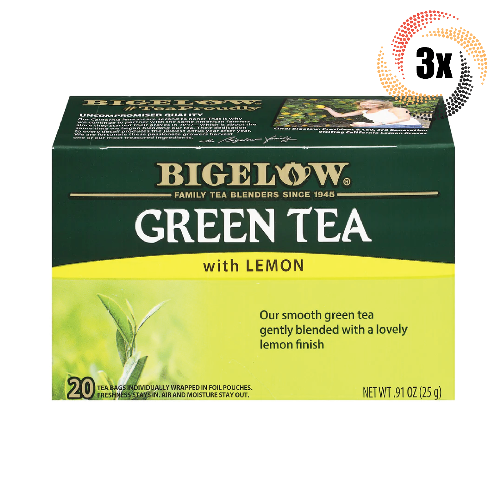 Primary image for 3x Boxes Bigelow Natural Green Tea With Lemon | 20 Pouches Per Box | .91oz