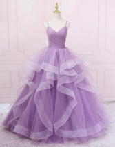 Spaghetti Strap Prom Dresses Purple Tiered Ball Gown Pageant Dresses for... - $229.00
