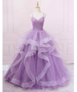 Spaghetti Strap Prom Dresses Purple Tiered Ball Gown Pageant Dresses for Women - £180.07 GBP