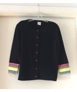 Large Zoe Zone of Embroidered Black Cardigan Embellished Trim Pom Pom Y2... - $26.99