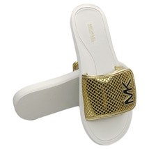 NWT MICHAEL KORS MSRP $74.99 WOMEN&#39;S WHITE GOLD SLIP ON SLIDES SANDALS S... - $40.49