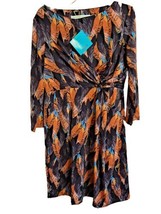 Tracy Negoshian Faux Wrap Stretchy Dress Orange Brown Feathers large L New - $39.59