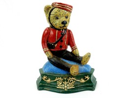 Vintage Cast Iron Door Stop, Teddy Bear Bellhop, Red Coat &amp; Cap, Nice Condition! - £54.79 GBP