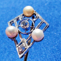 Earth mind Diamond Art Deco Pin 1920s Antique Pearl Filigree 14k White Gold - $751.41