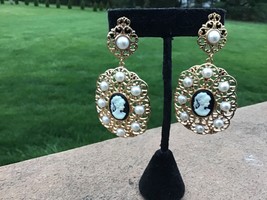 Large Black and White Cameo Earrings With Faux Pearls Elegant Makes a Statement - £13.34 GBP