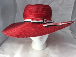 Vintage Red White Blue Ladies Wide Brim Hat Woven Union Made Patriotic J... - $29.95