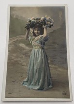 RPPC Adorable Girl Long Dress Flowers Walery F.K. Paris Tinted Photo Postcard C4 - $11.95