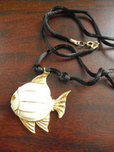 Unique Vintage Enameled Gold Tone Metal Fish Pendant and Cloth Necklace - £14.80 GBP