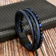 1pc Fashion Layered Handmade Braided Leather Bracelet, Tiger Eyestone Beaded Bra - £6.32 GBP