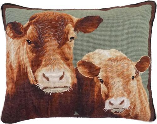Pillow Throw Needlepoint Cow and Calf 16x20 20x16 Brown Cream White Green Cotton - $289.00