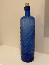 Vintage Cobalt Blue Art Glass 11” Bottle with Cork, Decorative Textured Embossed - $14.90