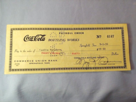 1956 Coca Cola Springfield Tenn Bottling Co Coke Payroll Check - $12.82