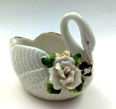 Vintage White Swan Porcelain Figurine Trinket Dish Bowl Rose Flower 4.5&quot;x 4&quot; - £15.98 GBP