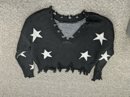 Zaful Fringed Edge Cropped Sweater Black White Stars One Size Fits Most - £10.43 GBP