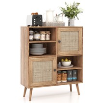 Mid-Century Modern Wood Sideboard Dining Buffet Storage Cabinet w/ Rattan Doors - £182.56 GBP