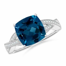 ANGARA Cushion London Blue Topaz Criss Cross Ring with Diamonds - £798.50 GBP