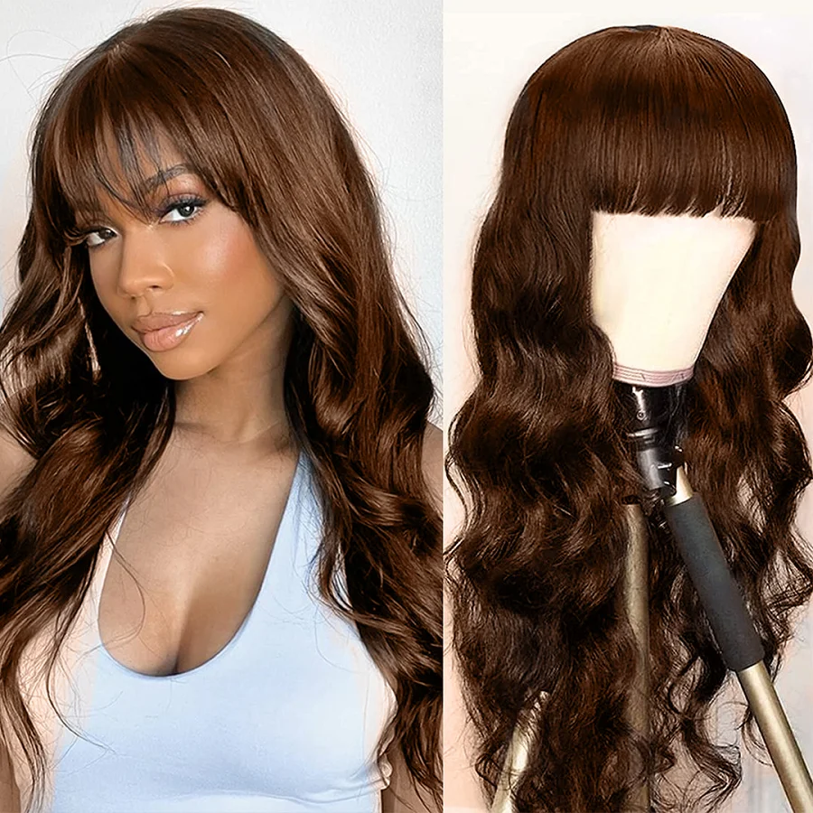 Body Wave Wig With Bangs Brown Human Hair Wigs For Women Glueless Wig Human Hair - £44.08 GBP+