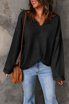 Black Waffle Knit Loose Long Sleeve Top - $25.99