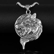 Norse Viking Fenrir Wolf Head Pendant Necklace Men&#39;s Punk Jewelry Chain 24&quot; Gift - £13.44 GBP