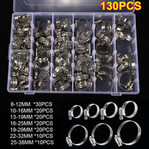 130Pcs Adjustable Hose Clamps Worm Gear Stainless Steel Clamp Assortment 7 Sizes - £31.96 GBP