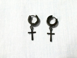 Black Stainless Steel Huggie Hinged Hoop W Dangling Cross Cuff Pair Of Earrings - £7.98 GBP