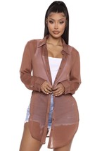 Fashion Nova Button Down Long Sleeve Collared Sheer Brown Cover Up Shirt Size M - £14.98 GBP