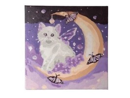 Handpainted Art Cat  On Moon Canvas  Genuine Authentic Art Painting - $140.25