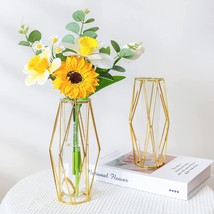 Bybous 2 Pcs.Gold Geometric Vase，Glass Vase With Metal Stand Gold Pampas, 7.3In. - £31.99 GBP