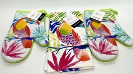  Mainstays Tropical Leaf Toucan Kitchen Towel &amp; 2 Oven Mitt &amp; Potholder Set - £9.73 GBP